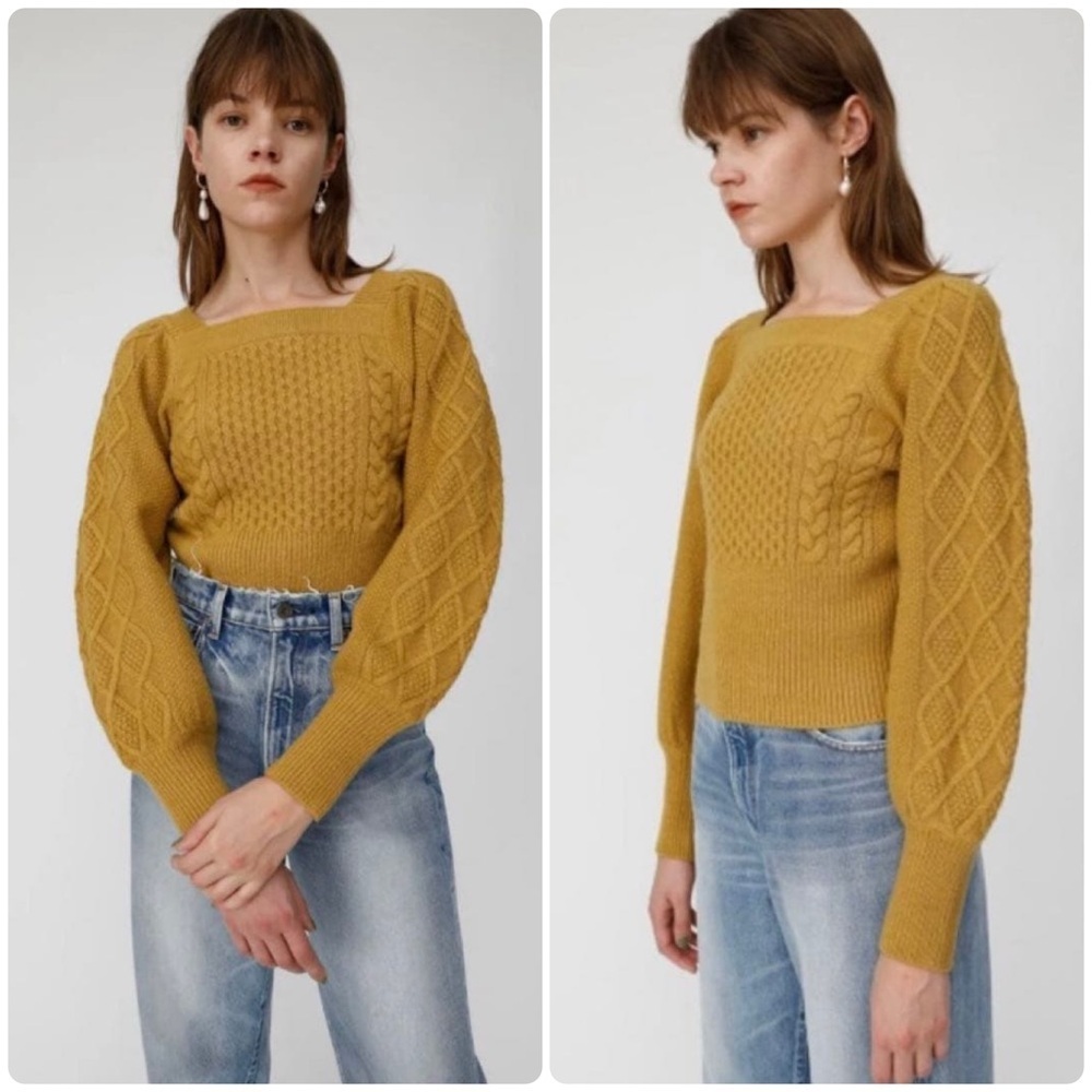 New! Moussy Yellow Mustard Cable Knit Balloon Sleeve Sweater 🌻 Free size